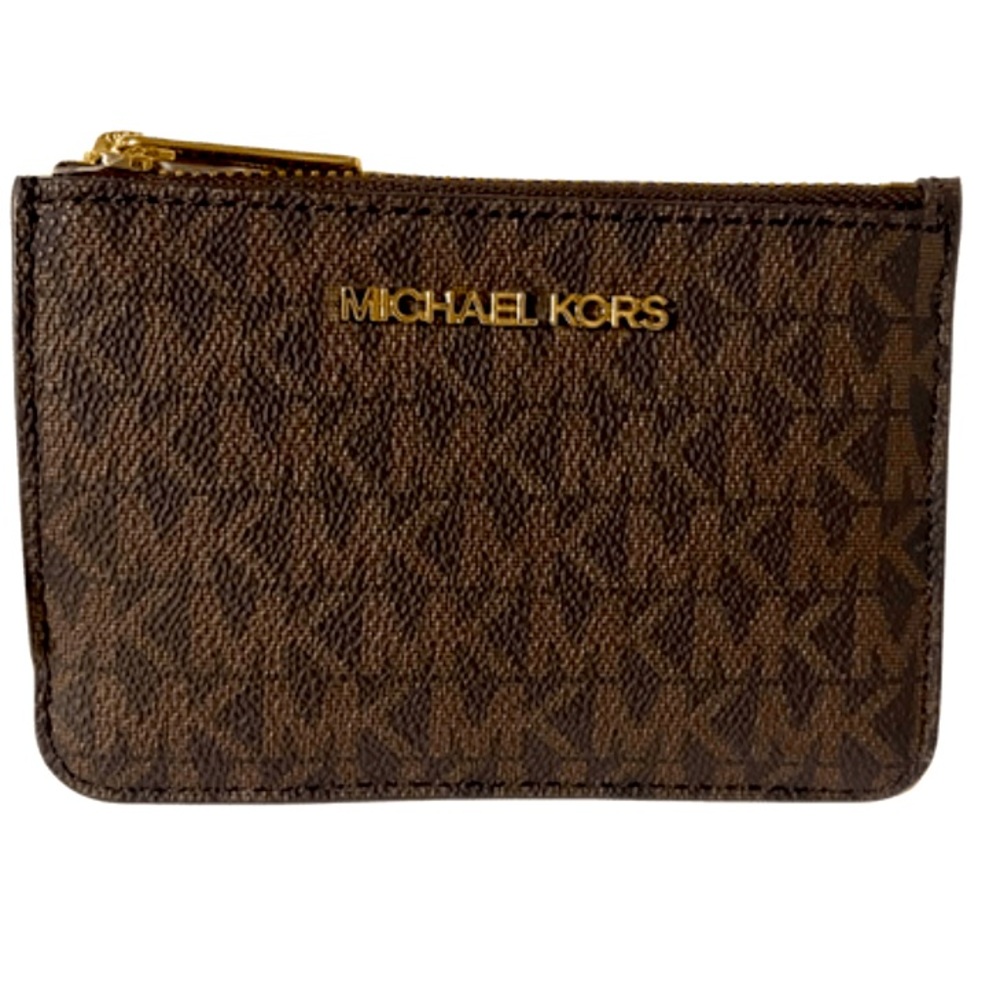 MK Jet Set Logo Zip Top ID Coin Pouch (Brown/Acorn)